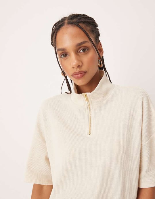 Vila boxy 1/4 zip waffle top co-ord with faux pearl zip detail in birch cream - Image 4