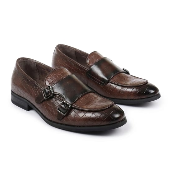 Men's Brown Vegan Leather Double Monk Strap Loafer Shoes - Image 3