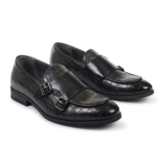Men's Black Vegan Leather Double Monk Strap Loafer Shoes - Image 2
