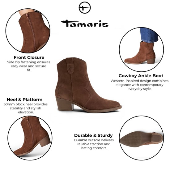 Tamaris Women’s Brown Suede Leather Cowboy Western Ankle Boots - 25702-41 - Image 2