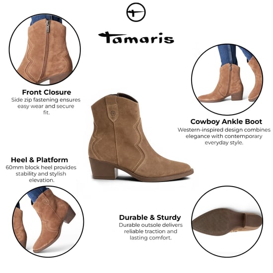 Tamaris dames Camel Brown Suede Leren Cowboy Western Enkellaarzen - 25702-41 - Image 2
