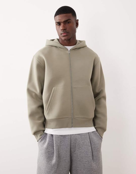 ASOS DESIGN tung avslappnad boxy zip-up hoodie i scuba-liknande tyg i kaki - KHAKI - Image 1