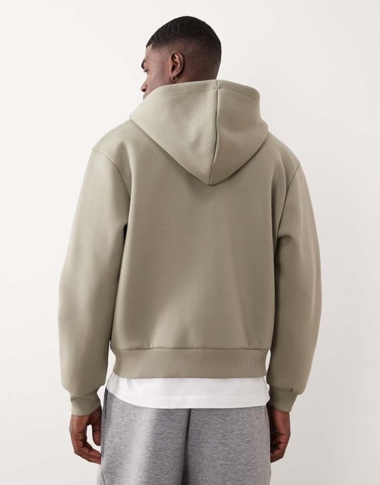 ASOS DESIGN tung avslappnad boxy zip-up hoodie i scuba-liknande tyg i kaki - KHAKI - Image 3