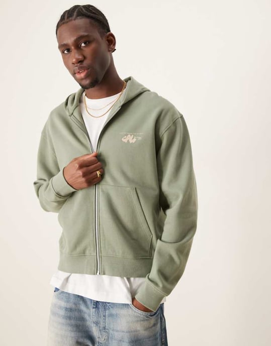ASOS DESIGN boxy zip-hoodie med bröst- och ryggtryck i dammig grön - Image 1