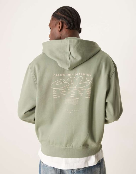 ASOS DESIGN boxy zip-hoodie med bröst- och ryggtryck i dammig grön - Image 4