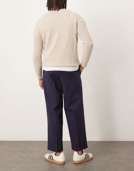 ASOS DESIGN smart beskurna ballongbyxor i bomull i marinblått - Image 4