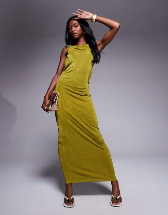 ASOS DESIGN ärmlös maxiklänning med djup cowl-bak och kantdetaljer i grön - Image 2