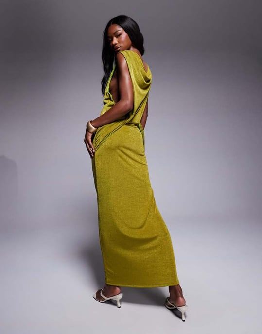 ASOS DESIGN ärmlös maxiklänning med djup cowl-bak och kantdetaljer i grön - Image 3