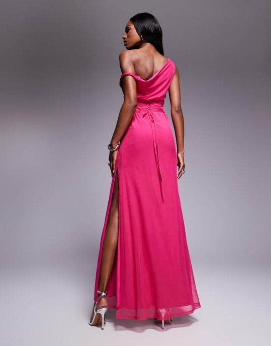 ASOS DESIGN twist axel med snörning på baksidan mesh maxi klänning i rosa - Image 4
