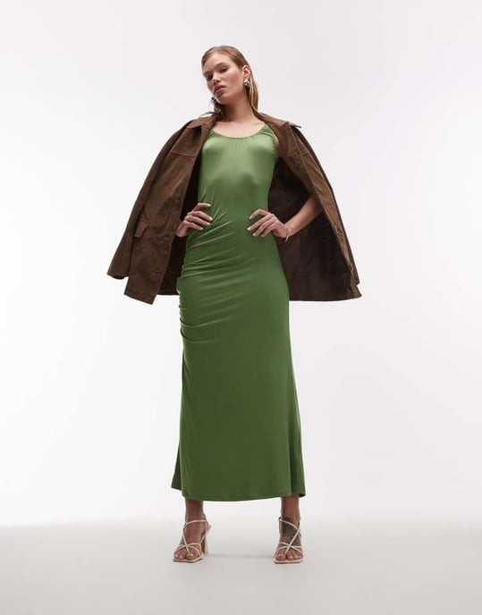 Topshop slinky maxiklänning med djup rundad hals i grön - Image 2