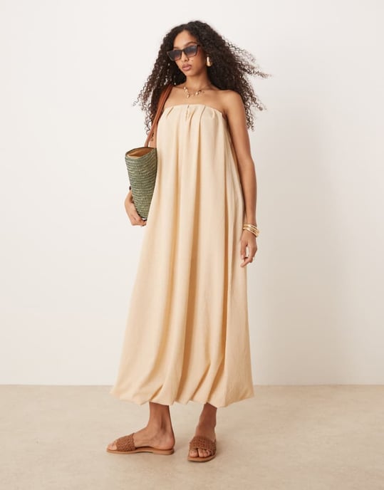 ASOS DESIGN bandeau maxi-klänning med bubbelkjol i neutral färg - Image 1
