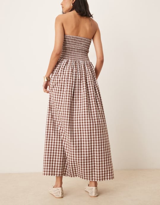 ASOS DESIGN rynkad bandeau maxiklänning med knyt framtill i chokladrutigt mönster - Image 3