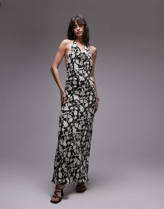 Topshop satin höghalsad halterneck maxiklänning i blommönster - Image 4
