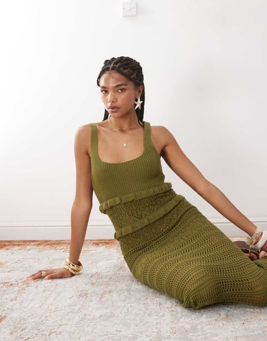 Miss Selfridge volang virkat maxikjol i khaki - Image 3