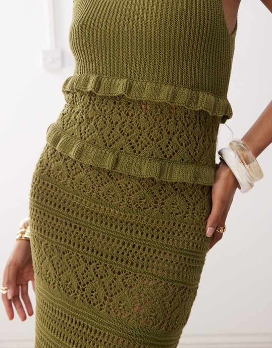 Miss Selfridge volang virkat maxikjol i khaki - Image 4