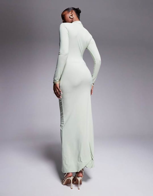 ASOS DESIGN långärmad höghalset maxiklänning med centralt ruchdetalj i salvia grön - Image 3