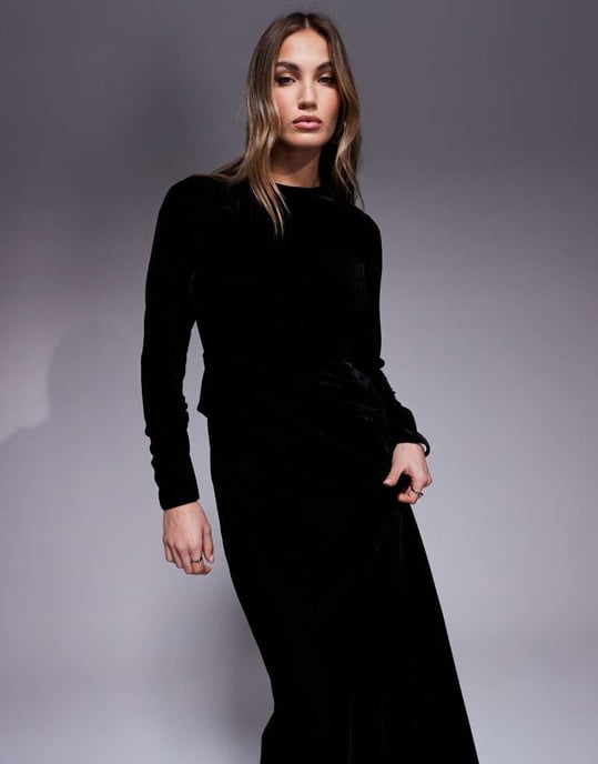 ASOS DESIGN långärmad sammetsklänning med knäppning i svart - Image 3