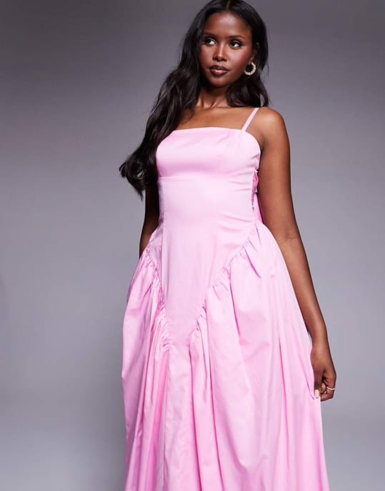 ASOS LUXE bomullssatin maxiklänning med insydd midja och rosett bak i rosa - Image 3