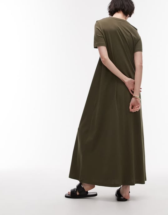ARKET ren bomullssäld maxi klänning med korta ärmar i khaki - Image 3