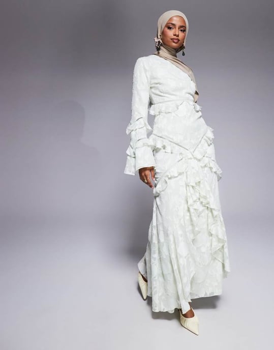 ASOS DESIGN jacquard volang långärmad maxiklänning i salviagrön - Image 3