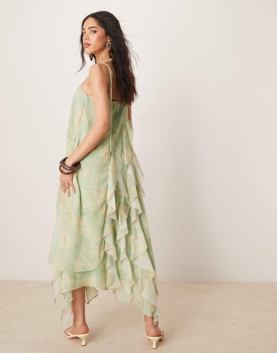 ASOS DESIGN maxiklänning med knytband och volanger i salviagrön blommönster - Image 3