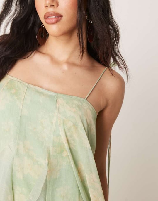 ASOS DESIGN maxiklänning med knytband och volanger i salviagrön blommönster - Image 4