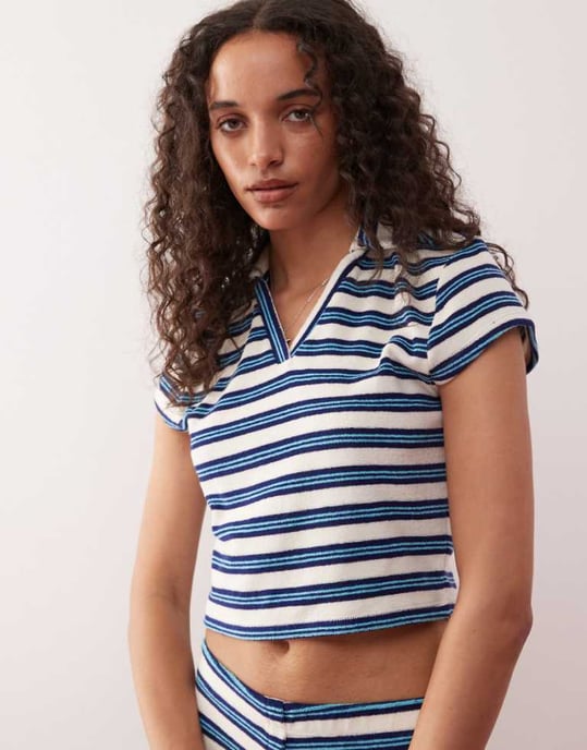 COLLUSION frotté randig polo topp-set i blått - Image 1