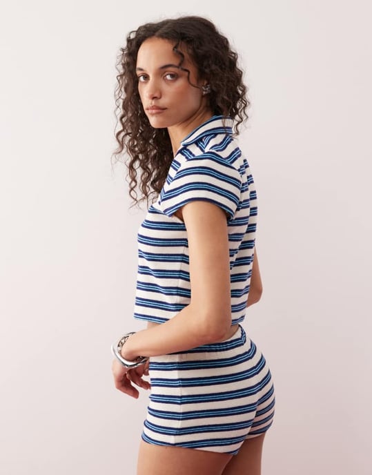 COLLUSION frotté randig polo topp-set i blått - Image 3