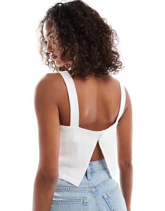 ASOS DESIGN linne-look fyrkantig halsringning topp i vitt - Image 3