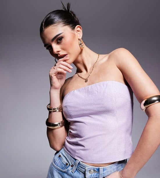 Kaiia exklusiv bomullsrik bandeau crop top i lila och rosa rutigt - Image 1