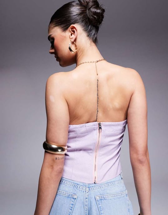 Kaiia exklusiv bomullsrik bandeau crop top i lila och rosa rutigt - Image 2