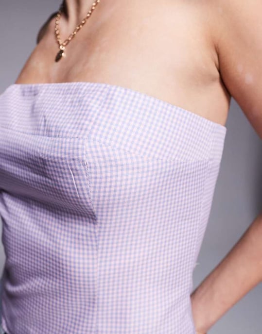 Kaiia exklusiv bomullsrik bandeau crop top i lila och rosa rutigt - Image 3