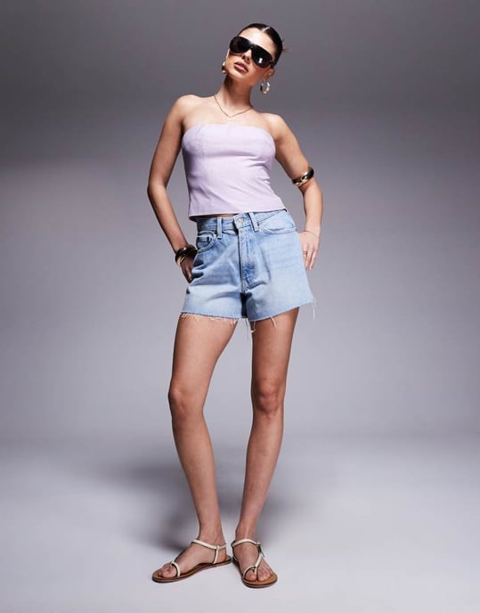 Kaiia exklusiv bomullsrik bandeau crop top i lila och rosa rutigt - Image 4