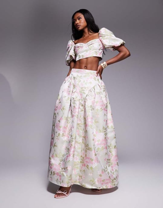 ASOS LUXE co-ord jacquard puffärmsblus i tulipanjacquard - Image 4