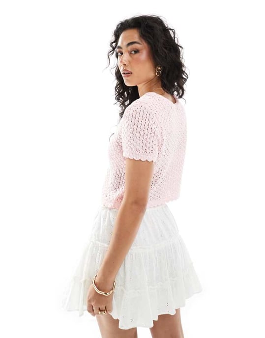 Miss Selfridge stickad pointelle kortärmad cardigan i rosa - Image 3