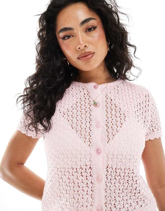 Miss Selfridge stickad pointelle kortärmad cardigan i rosa - Image 4