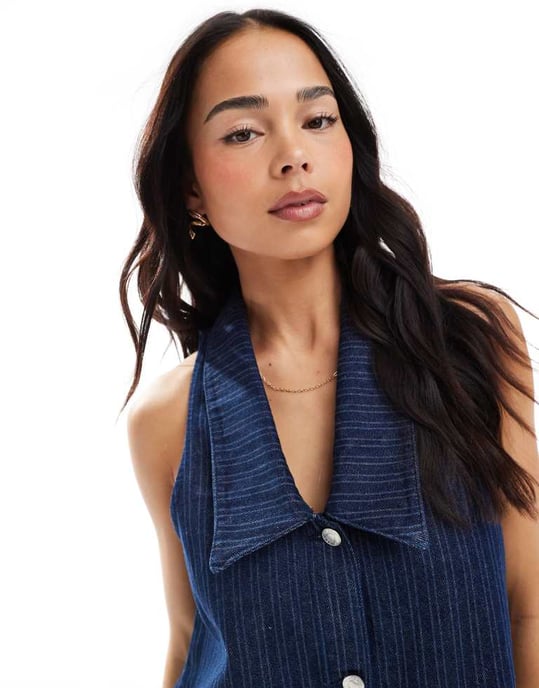 ASOS DESIGN ärmlös randig denimtopp med sjömanskrage - Image 2
