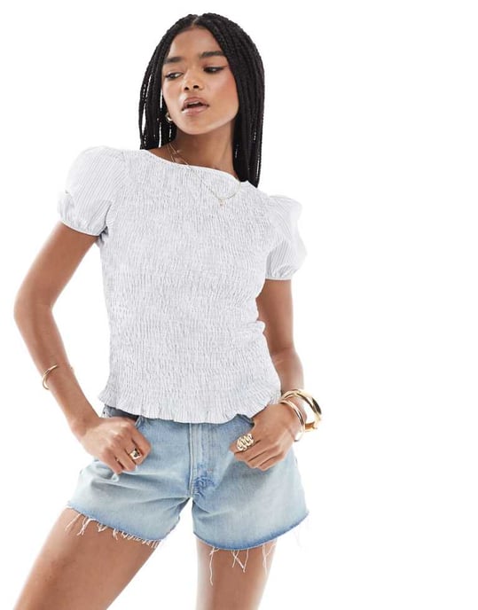 ASOS DESIGN blus med puffärmar och rynkning i blå randig - Image 1
