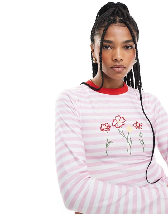 ASOS DESIGN randig åtsittande topp med kontrasterande ringning och blommig broderi i rosa - Image 1