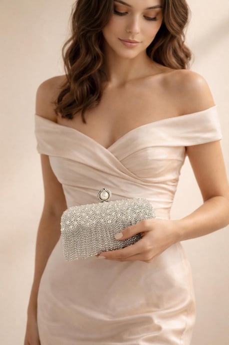 Vintage Pearl and Diamante Clutch Bag in Silver - Image 1