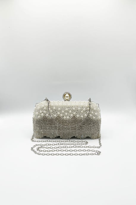 Vintage Pearl and Diamante Clutch Bag in Silver - Image 3