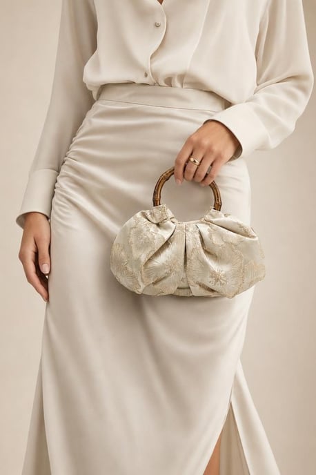 Vintage Bamboo Handle Pleated Handbag in Beige - Image 1