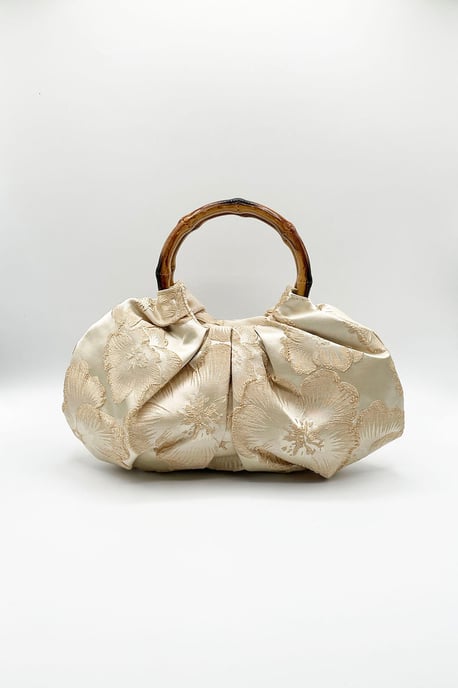 Vintage Bamboo Handle Pleated Handbag in Beige - Image 2