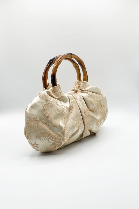 Vintage Bamboo Handle Pleated Handbag in Beige - Image 3