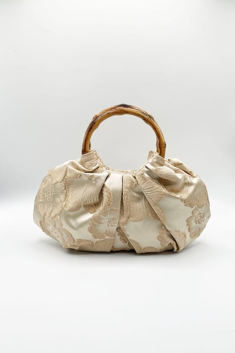 Vintage Bamboo Handle Pleated Handbag in Beige - Image 4