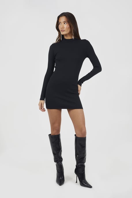 Black Ribbed Turtle Neck Mini Dress - Image 3