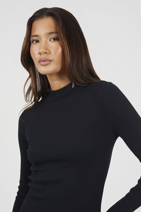 Black Ribbed Turtle Neck Mini Dress - Image 4