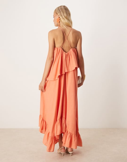 ASOS DESIGN hjärtformad dubbel lager volym maxiklänning med pephem i korall - Image 3