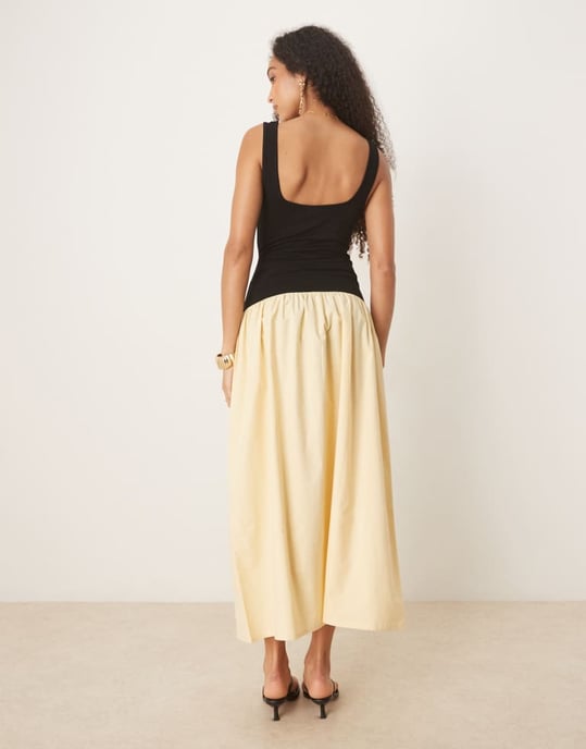 ASOS DESIGN kontrasterande poplinmix fyrkantig hals maxi klänning i smörkräm - Image 3