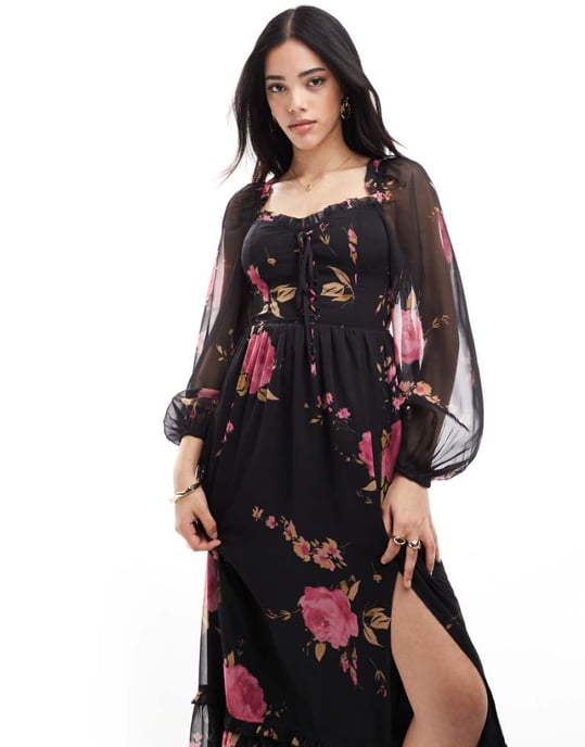 Miss Selfridge maxi klänning med korsettdetalj i rosavtryck - Image 1
